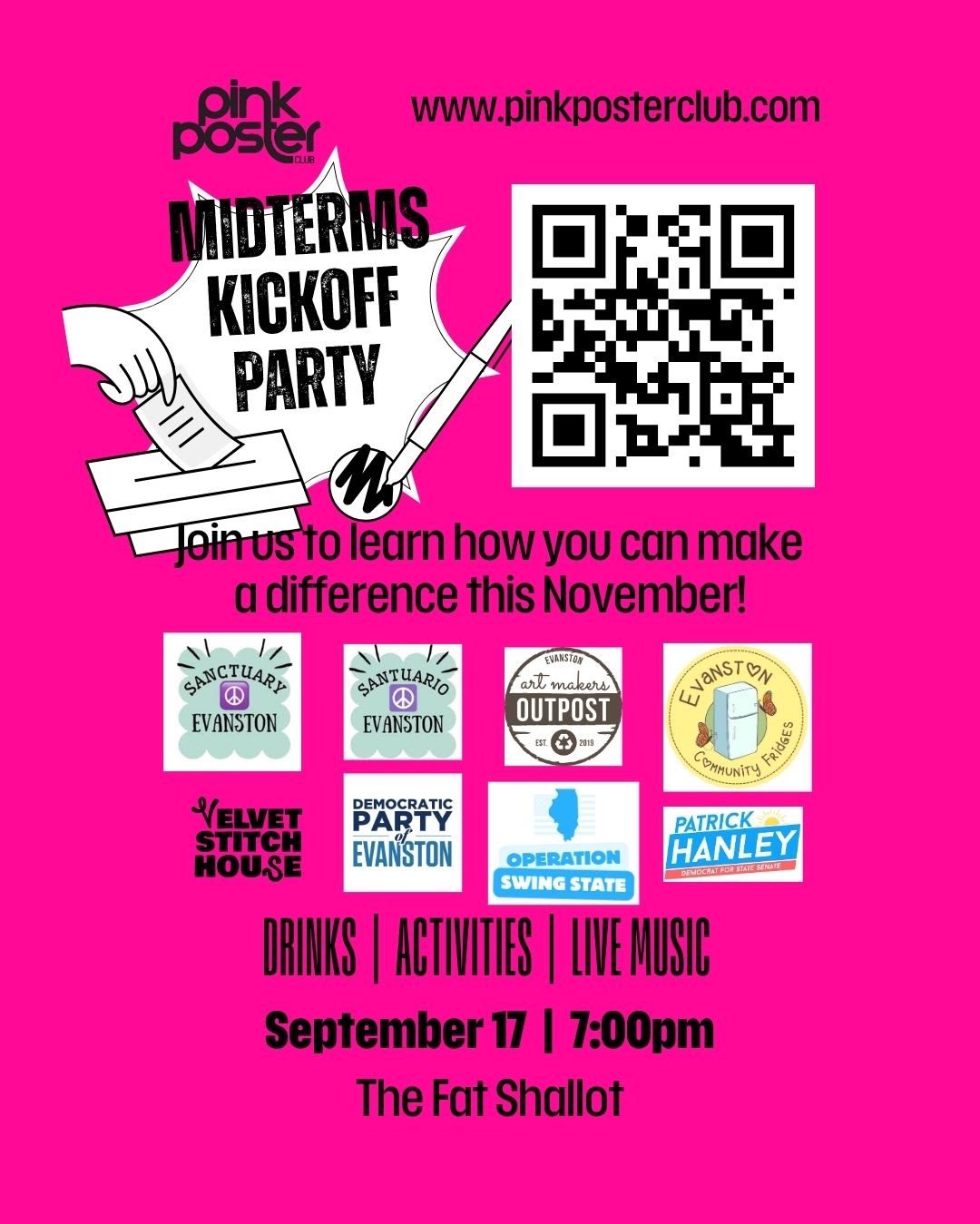 Pink Poster Club Midterms Kickoff Party flyer: September 17 at 7:00 PM at The Fat Shallot, with drinks, activities and live music, co-hosted by the Democratic Party of Evanston and other Evanston groups.